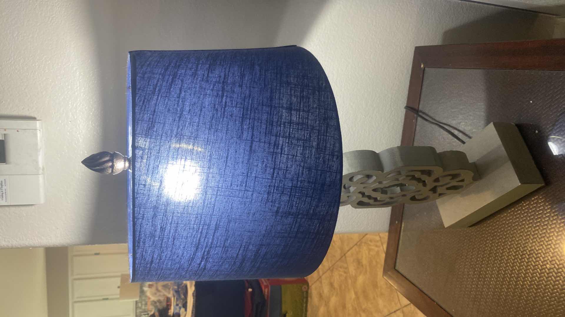 Photo 1 of GRAY WOOD TABLE LAMP WITH BLUE SHADE H27”
