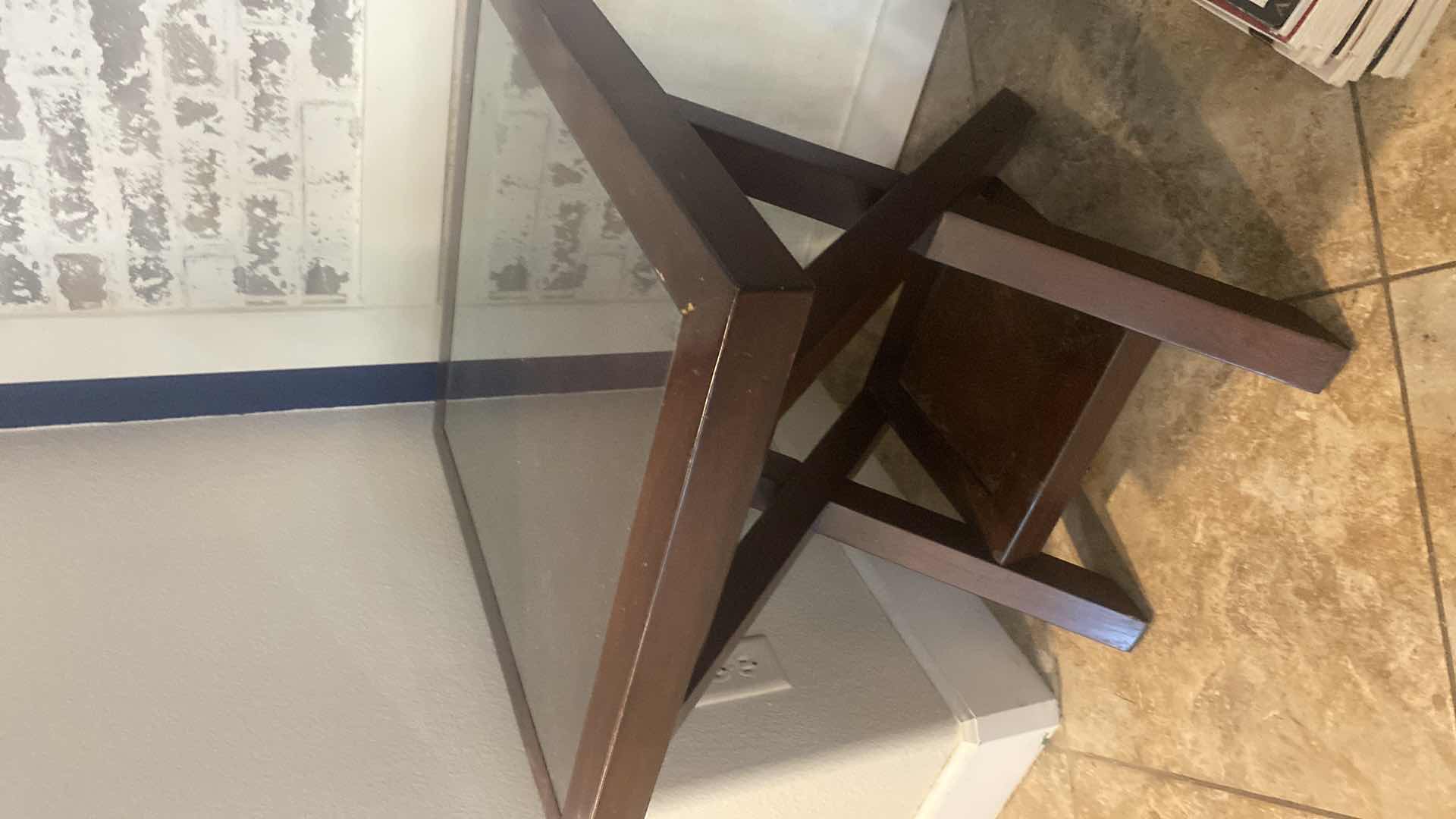 Photo 1 of WOOD END TABLE WITH GLASS TOP & WOVEN FABRIC UNDER THE GLASS 24” x 24” H25”