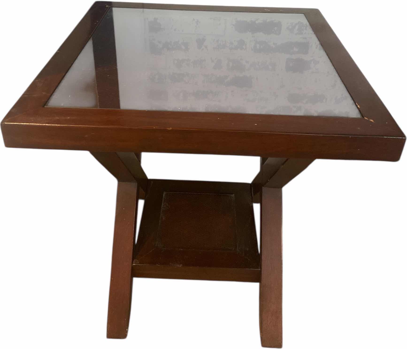 Photo 1 of WOOD END TABLE WITH GLASS TOP & WOVEN FABRIC UNDER THE GLASS 24” x 24” H25”