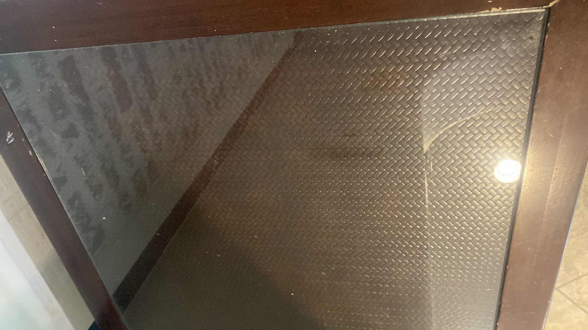 Photo 1 of WOOD END TABLE WITH GLASS TOP & WOVEN FABRIC UNDER THE GLASS 24” x 24” H25”
