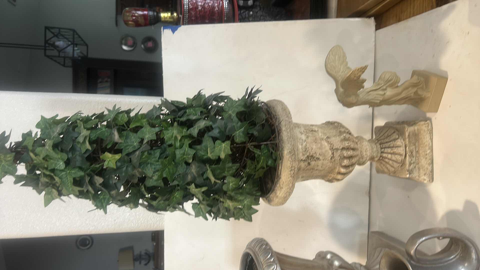 Photo 1 of 4 PC HOME DECOR - TOPIARY, POTTERY, STATUE AND PEWTER MUG (TALLEST H 30”)