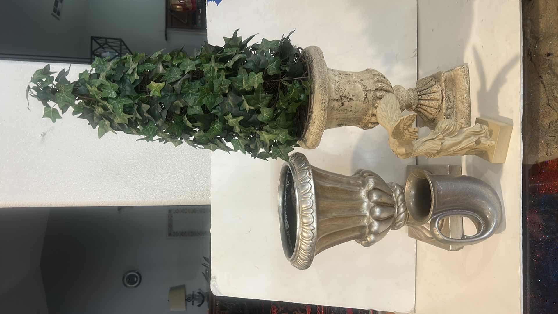 Photo 1 of 4 PC HOME DECOR - TOPIARY, POTTERY, STATUE AND PEWTER MUG (TALLEST H 30”)