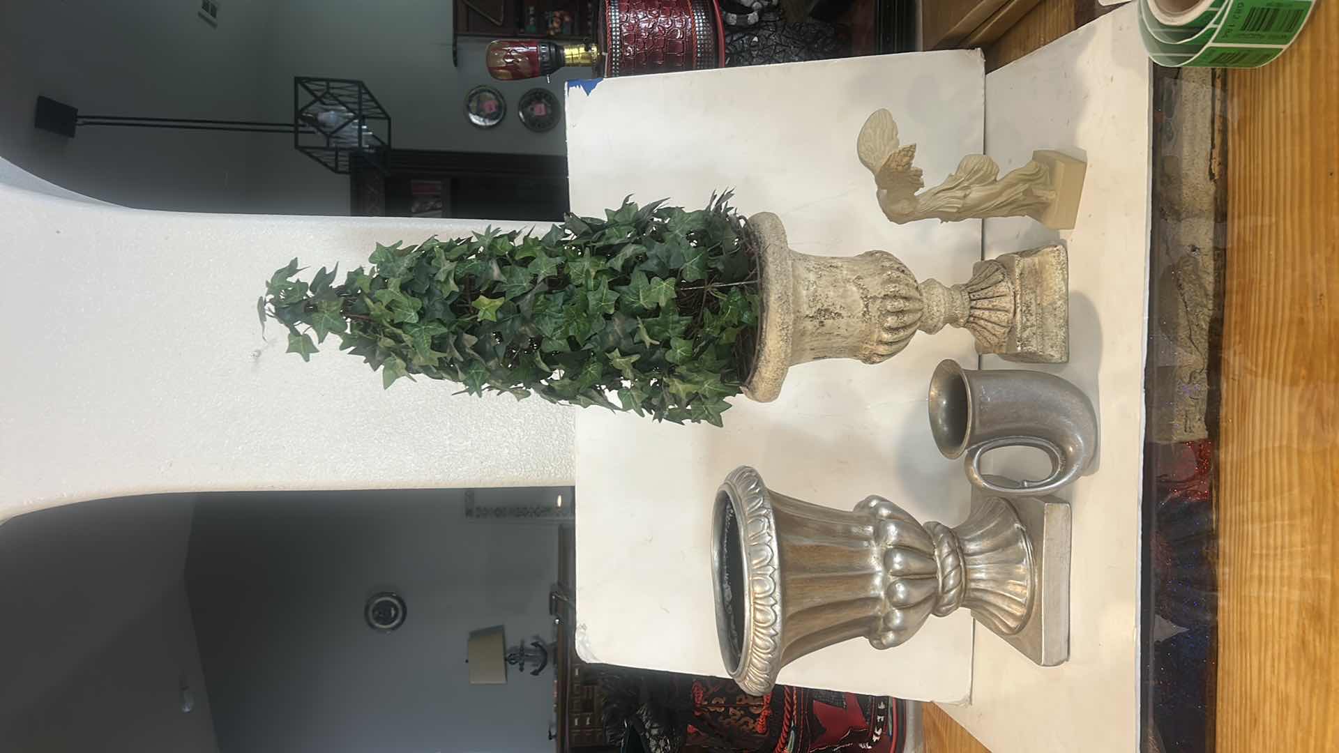 Photo 1 of 4 PC HOME DECOR - TOPIARY, POTTERY, STATUE AND PEWTER MUG (TALLEST H 30”)