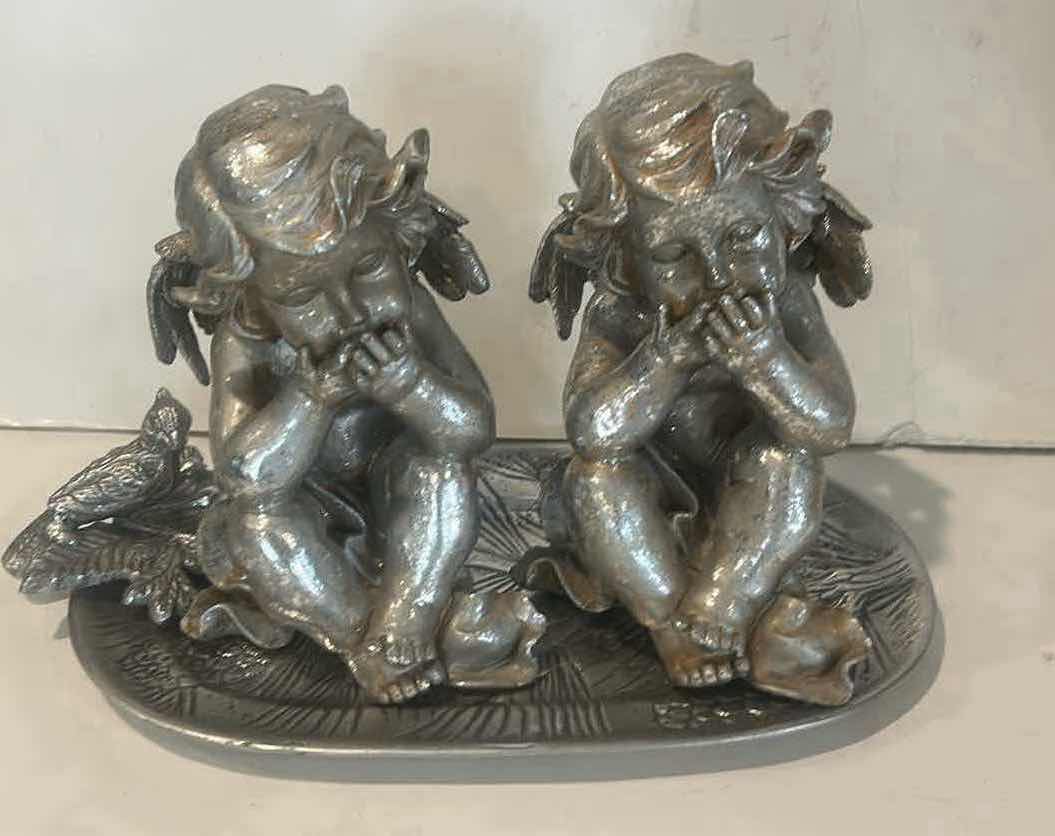 Photo 1 of 3 SILVER TONE ITEMS - 2 CERAMIC ANGELS H7” AND BIRD BOWL METAL 12”
