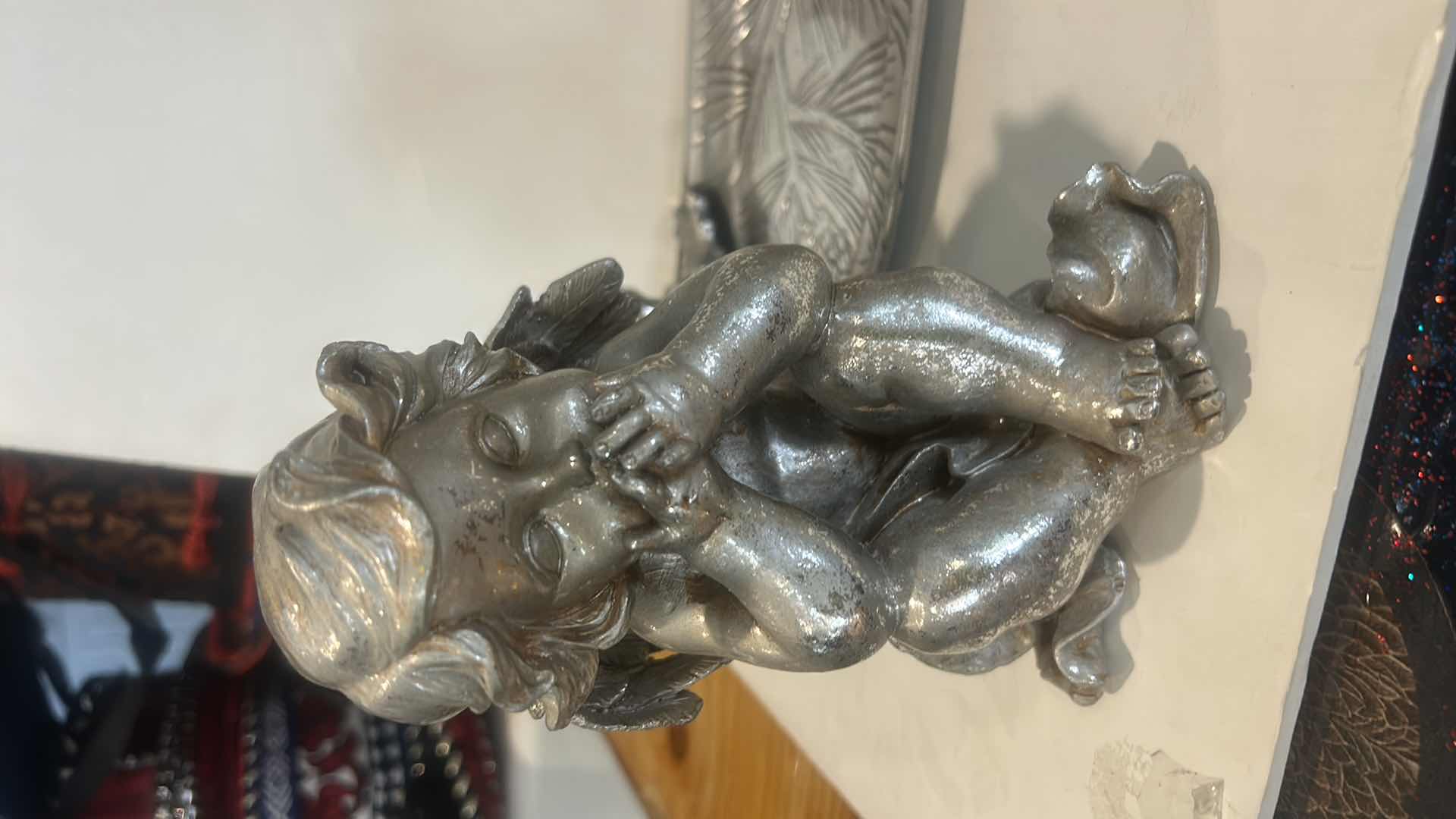 Photo 1 of 3 SILVER TONE ITEMS - 2 CERAMIC ANGELS H7” AND BIRD BOWL METAL 12”