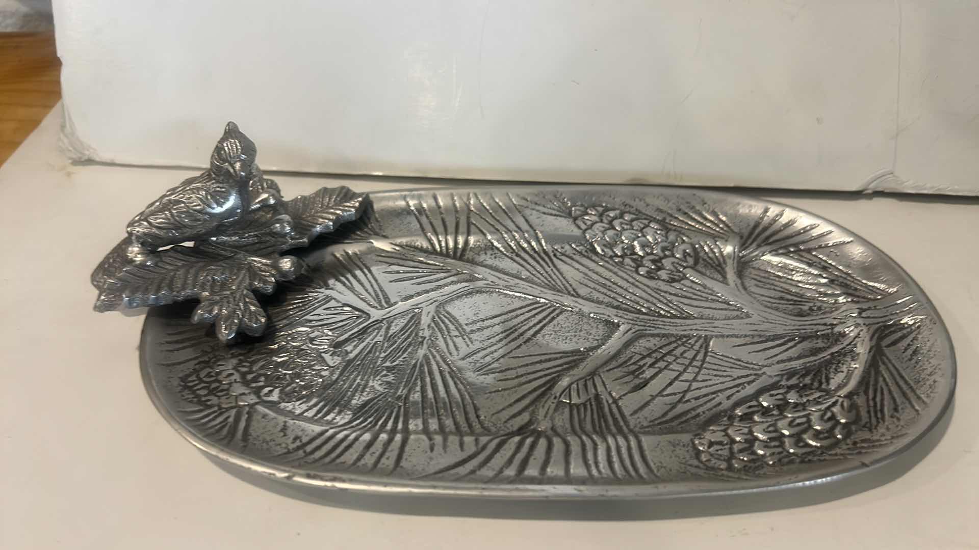 Photo 1 of 3 SILVER TONE ITEMS - 2 CERAMIC ANGELS H7” AND BIRD BOWL METAL 12”