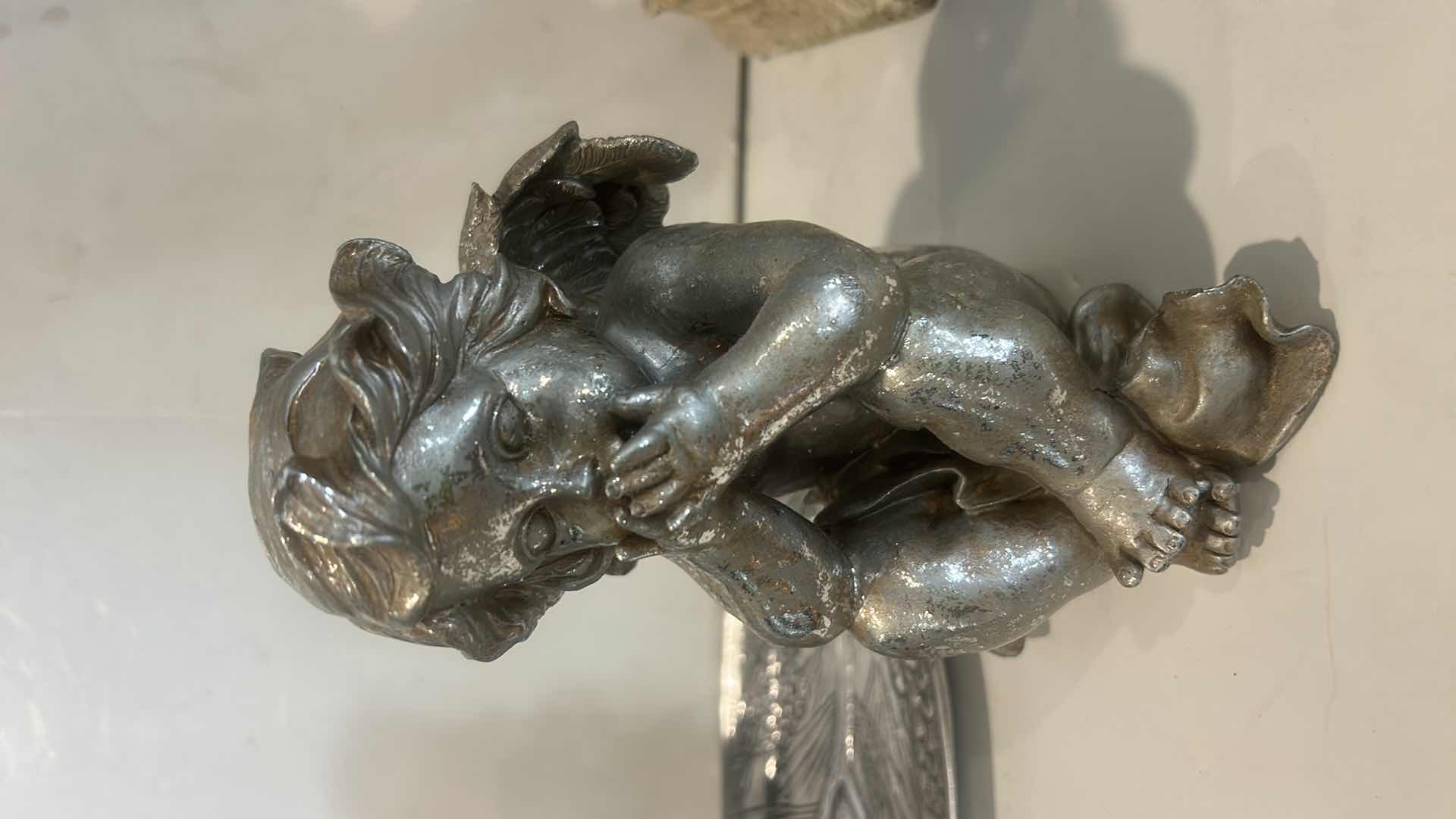 Photo 1 of 3 SILVER TONE ITEMS - 2 CERAMIC ANGELS H7” AND BIRD BOWL METAL 12”