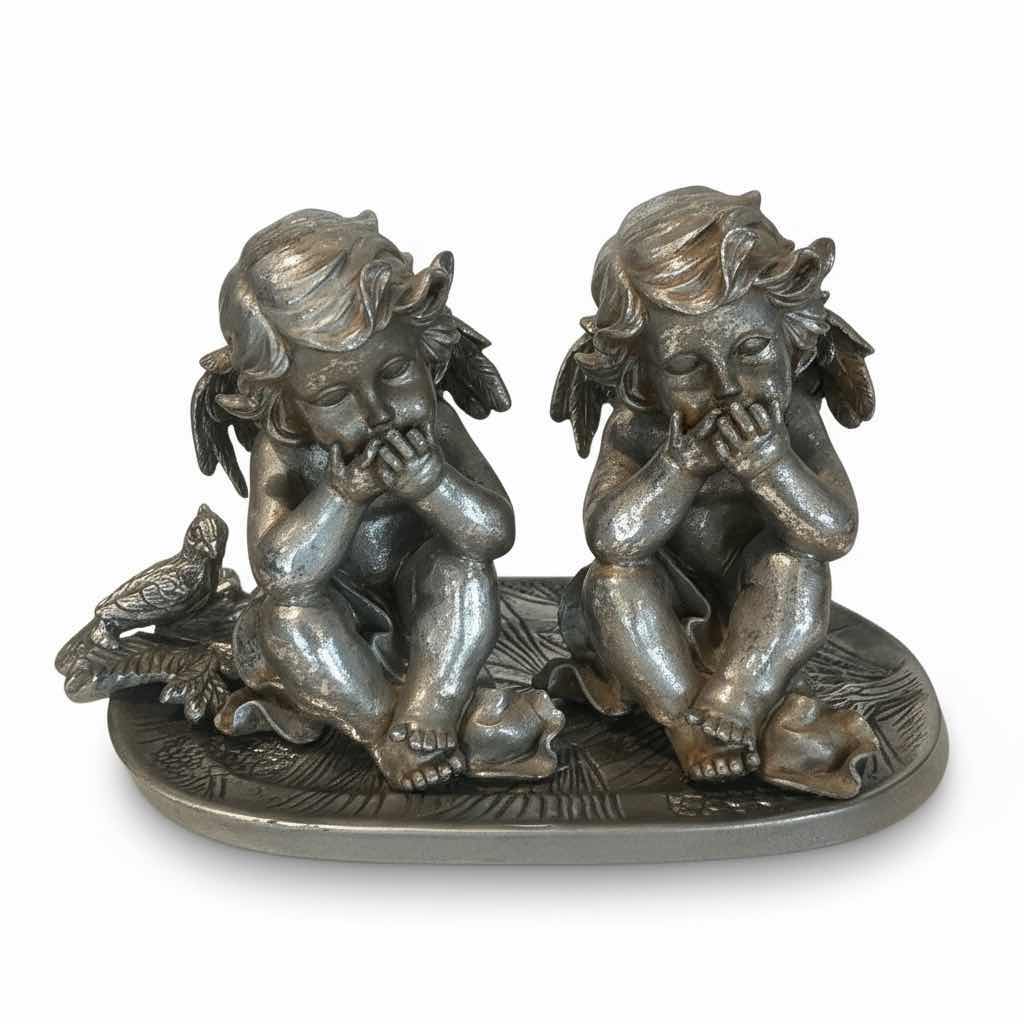 Photo 1 of 3 SILVER TONE ITEMS - 2 CERAMIC ANGELS H7” AND BIRD BOWL METAL 12”