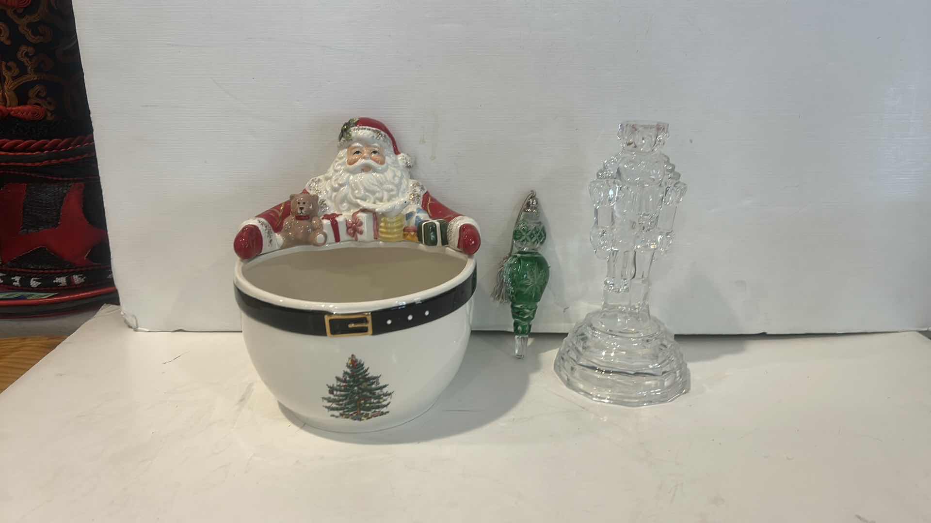Photo 1 of SPODE SANTA CHRISTMAS BOEL, LENOX CRYSTAL ORNAMENT AND LEAD CRYSTAL TOY SOLDIER CANDLE HOLDER
