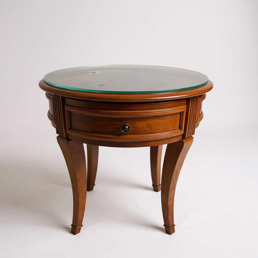 Photo 1 of ROUND GLASS TOP WOOD SIDE TABLE 23" X 27"