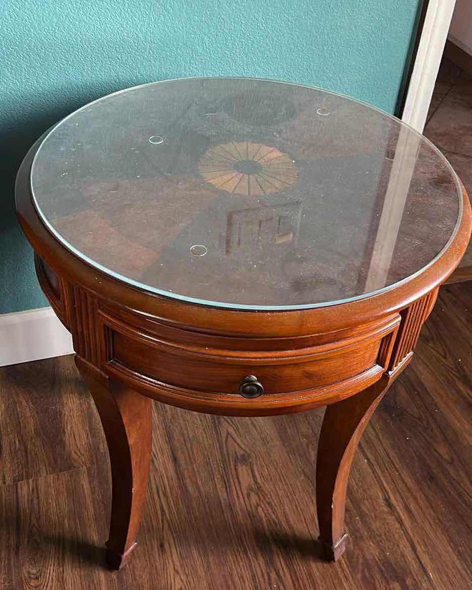 Photo 1 of ROUND GLASS TOP WOOD SIDE TABLE 23" X 27"