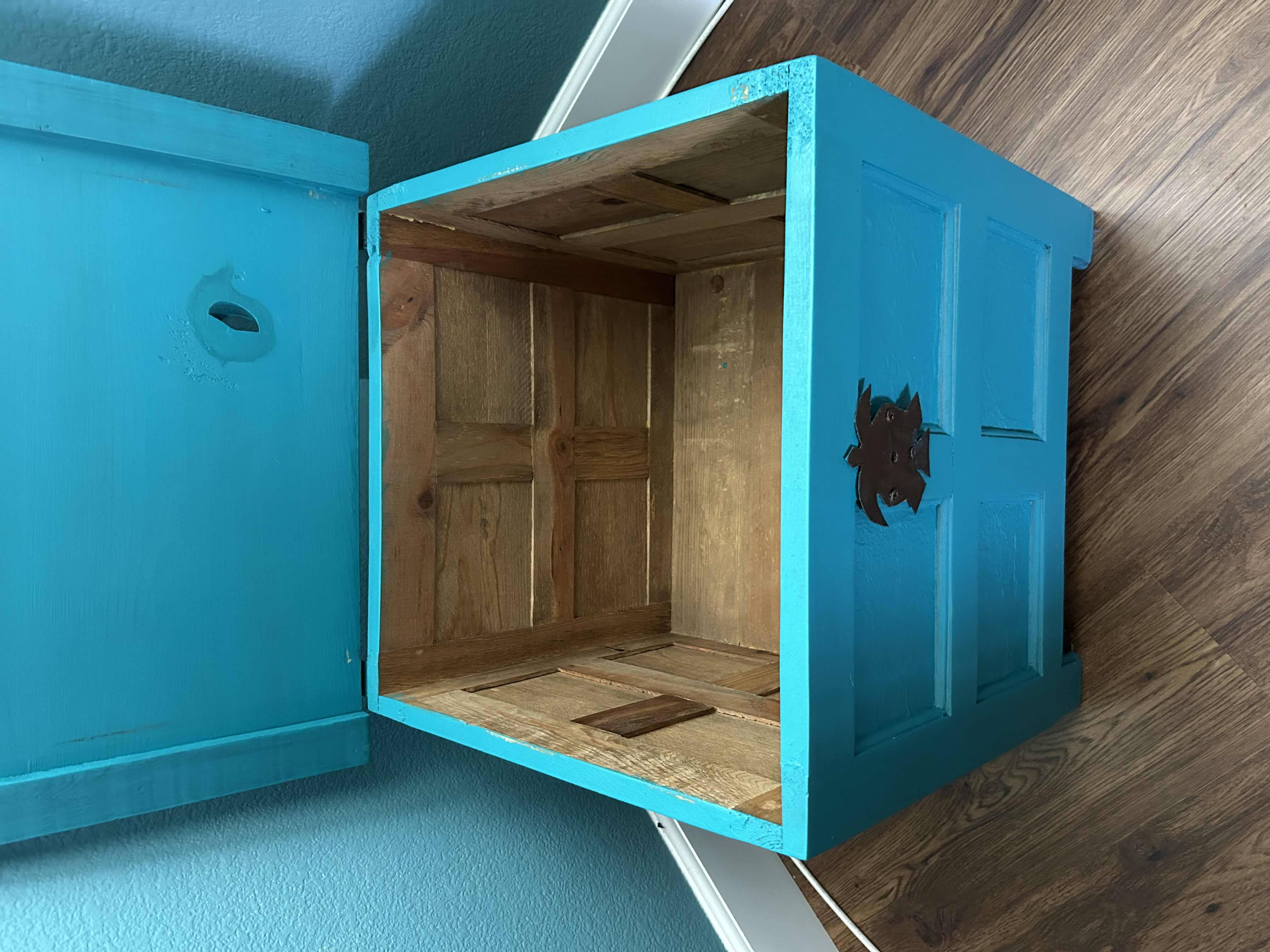 Photo 1 of TURQUOISE WOOD TACK TRUNK W BRASS HINGES 22" X 19"