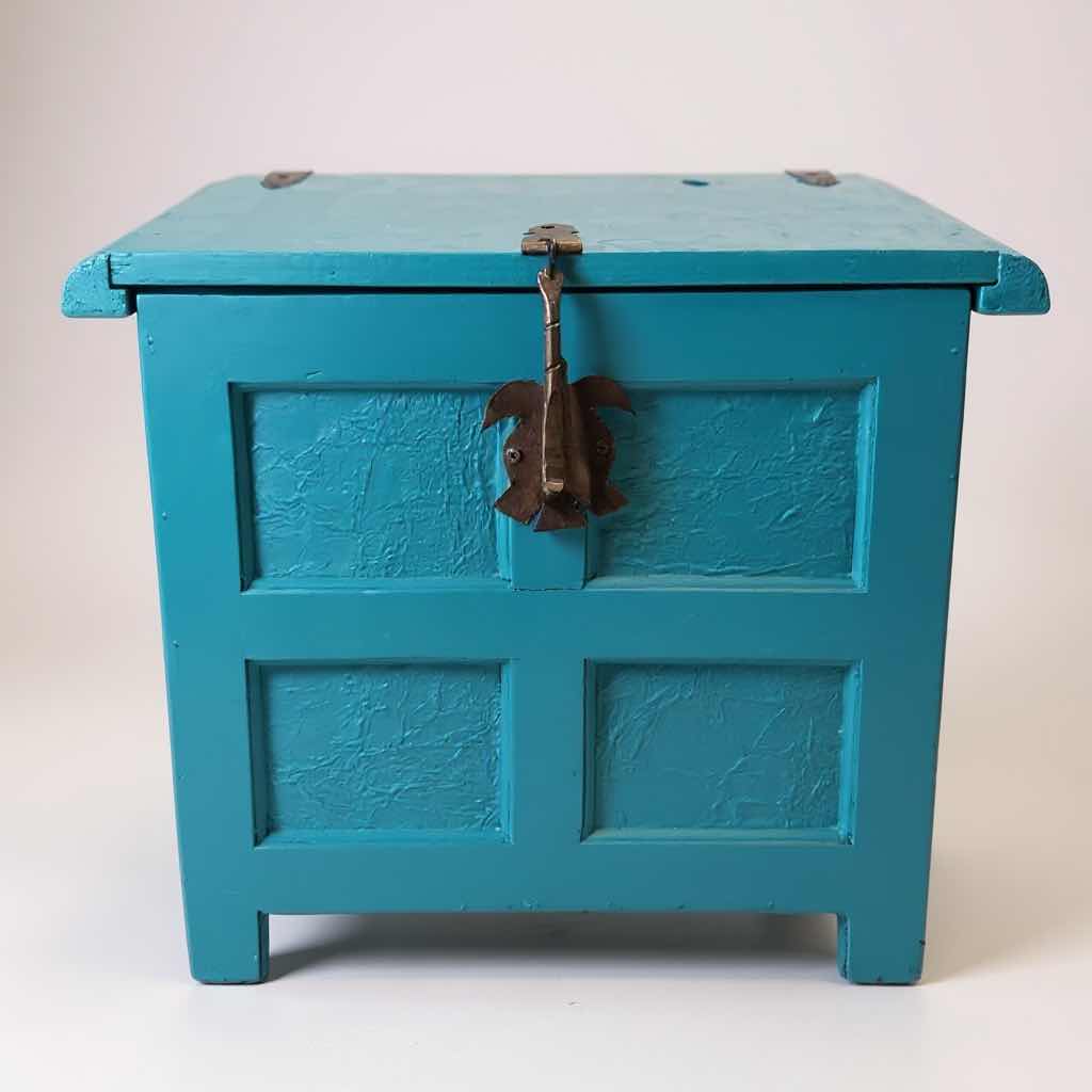 Photo 1 of TURQUOISE WOOD TACK TRUNK W BRASS HINGES 22" X 19"