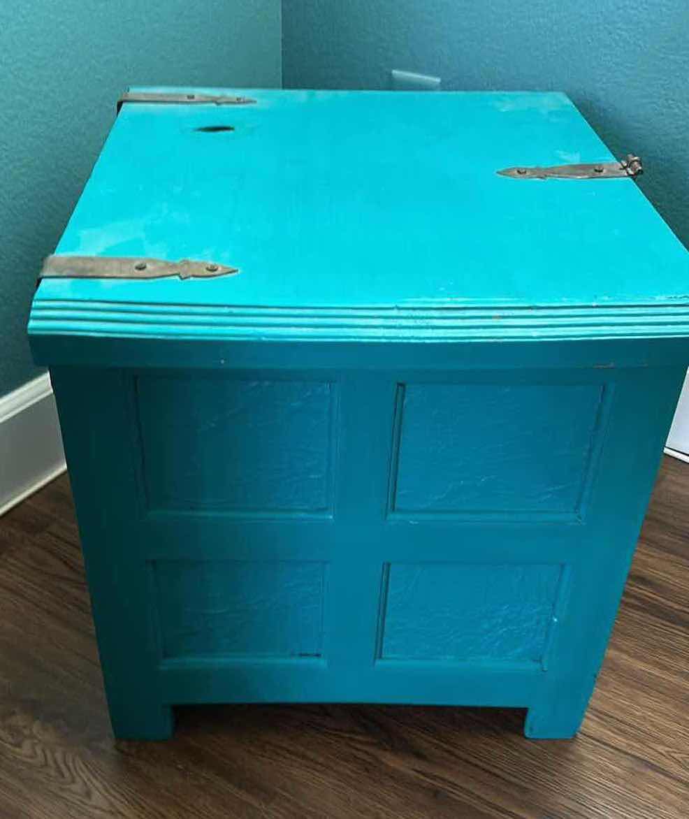 Photo 1 of TURQUOISE WOOD TACK TRUNK W BRASS HINGES 22" X 19"