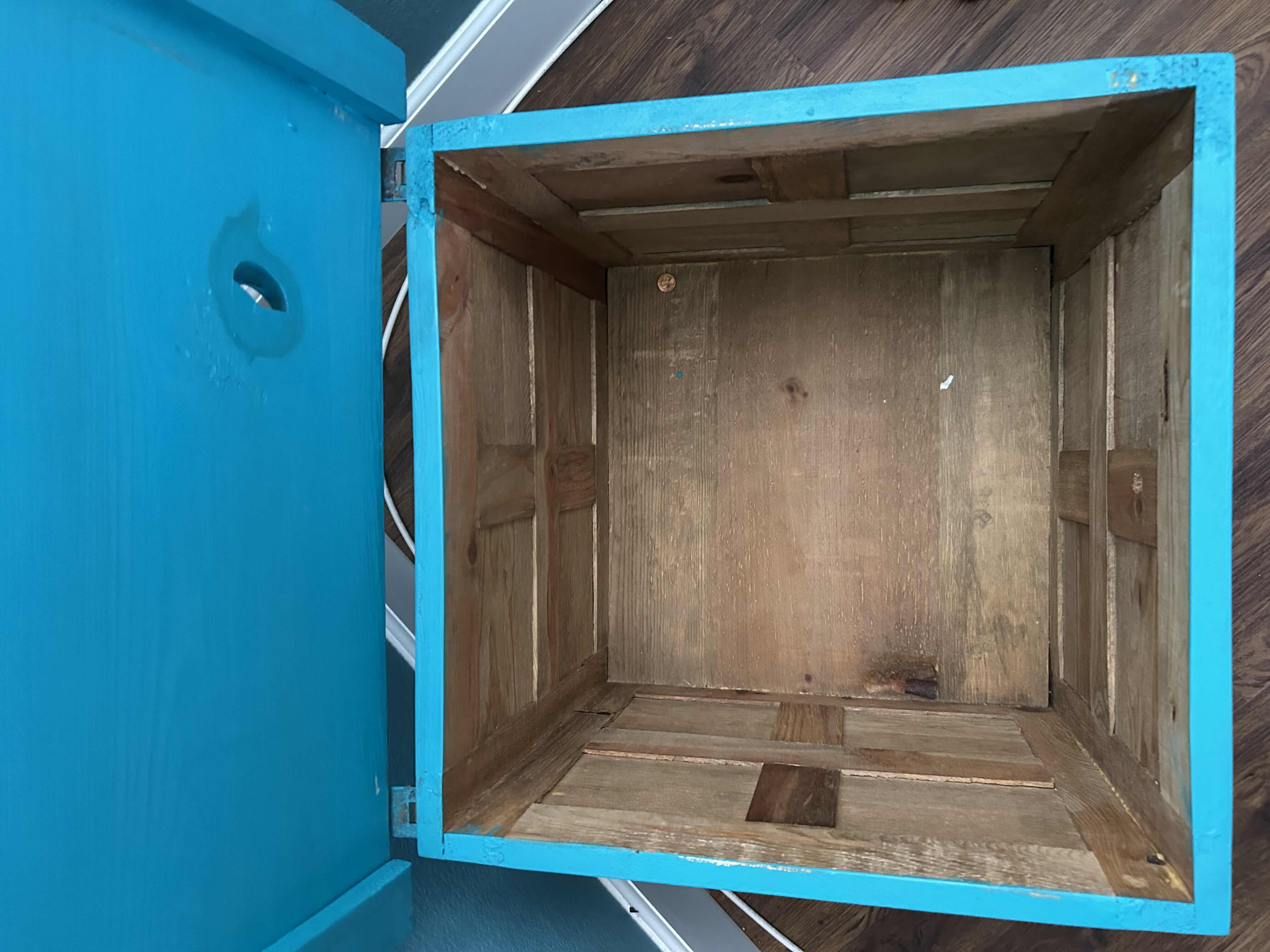 Photo 1 of TURQUOISE WOOD TACK TRUNK W BRASS HINGES 22" X 19"