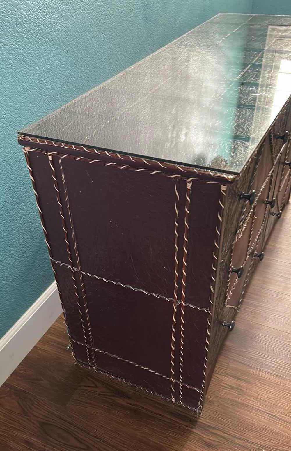 Photo 1 of RUSTIC STYLE DARK WOOD 6 DRAWER DRESSER W GLASS TOP 50" X 18" H  29"