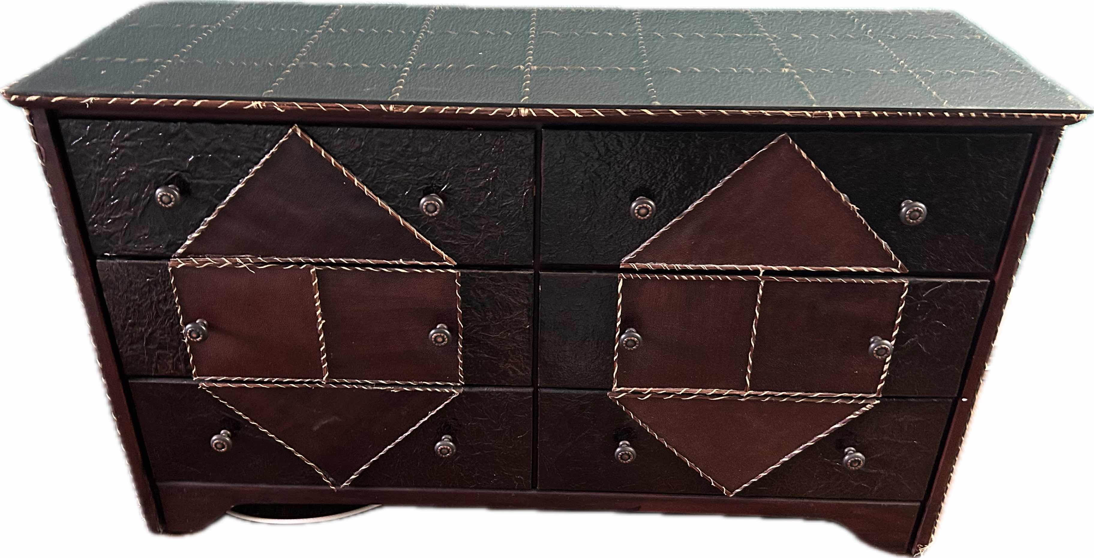 Photo 1 of RUSTIC STYLE DARK WOOD 6 DRAWER DRESSER W GLASS TOP 50" X 18" H  29"