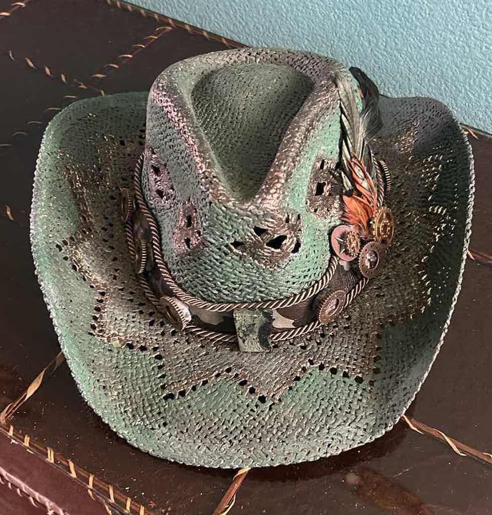 Photo 1 of TOYO STRAW DECORATED DRIFTER COWBOY HAT EMERALD GREEN