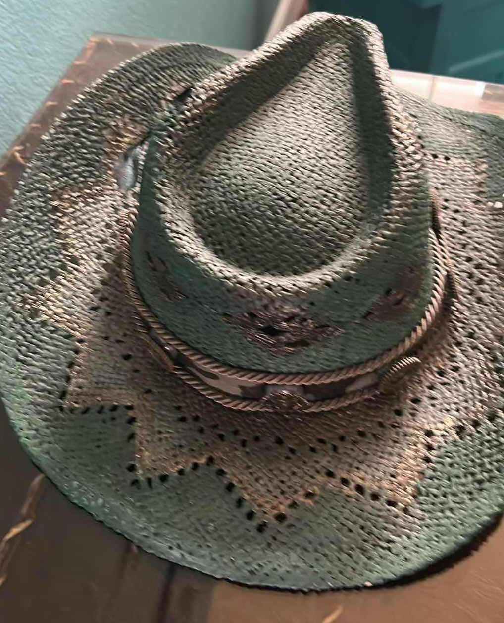 Photo 1 of TOYO STRAW DECORATED DRIFTER COWBOY HAT EMERALD GREEN