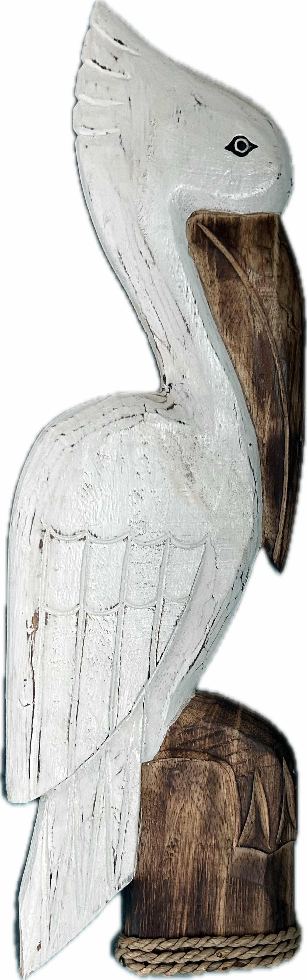 Photo 1 of WOODEN WALL SCULPTURE OF PELICAN PERCHED ON PILING H 23"