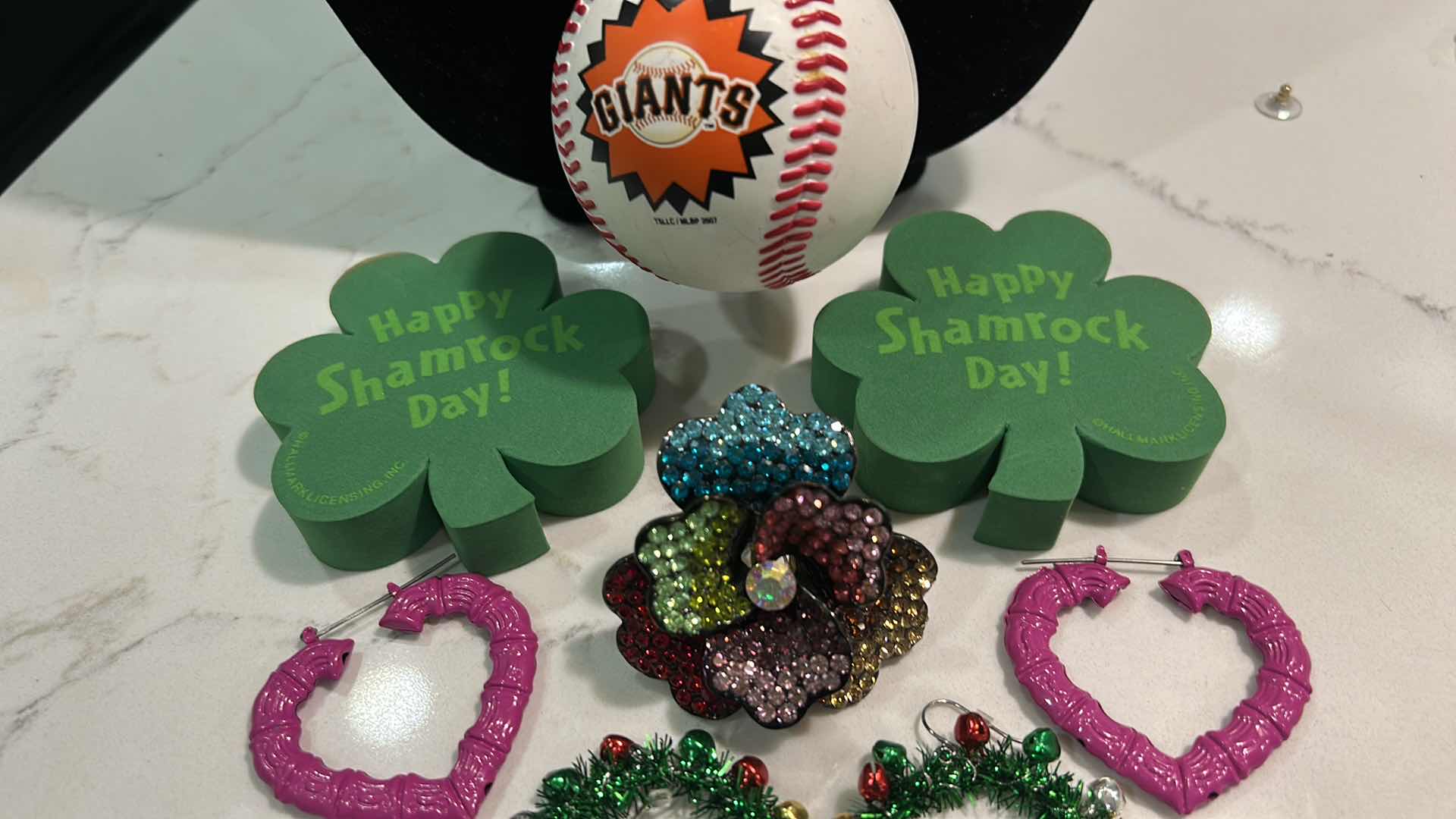 Photo 1 of 6 WOMENS FUN PIECES OF JEWELRY-, SHAMROCK PIERCED EARRINGS, CHRISTMAS EARRINGS, SF GIANTS NECKLACE AND BRACELET, SPARKLING FLOWER STRETCH RING AND HEART EARRINGS