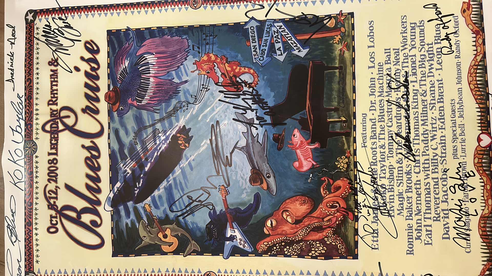 Photo 1 of AUTOGRAPHED POSTER FROM OCT 2008 LEGENDARY RHYTHM & BLUES CRUISE- ETTA JAMES, DR JOHN, LOS LOBOS, Coco Taylor, and the blues machine, Elvin Bishop, Tommy Castro, Marsha Ball, Magic Slim and the teardrops Kenny Neal, Ronnie Baker Brooks, the workers, John