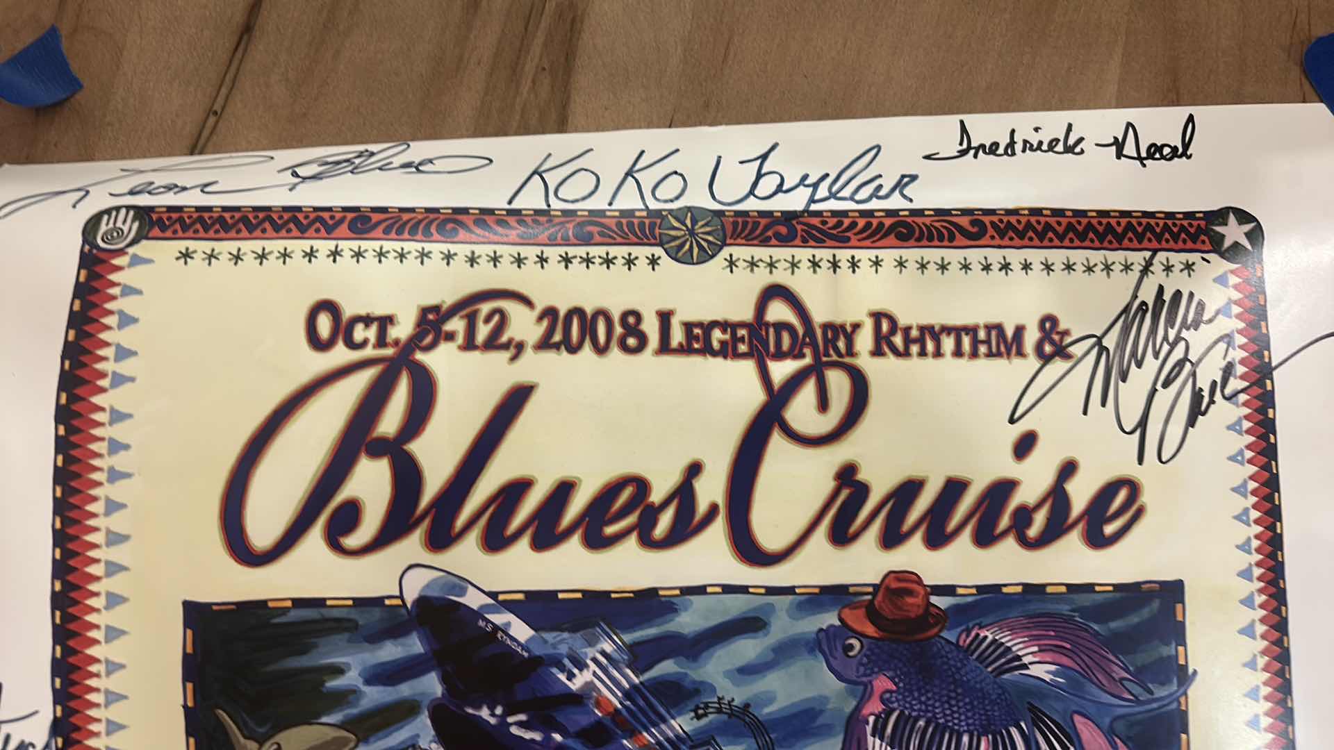 Photo 1 of AUTOGRAPHED POSTER FROM OCT 2008 LEGENDARY RHYTHM & BLUES CRUISE- ETTA JAMES, DR JOHN, LOS LOBOS, Coco Taylor, and the blues machine, Elvin Bishop, Tommy Castro, Marsha Ball, Magic Slim and the teardrops Kenny Neal, Ronnie Baker Brooks, the workers, John