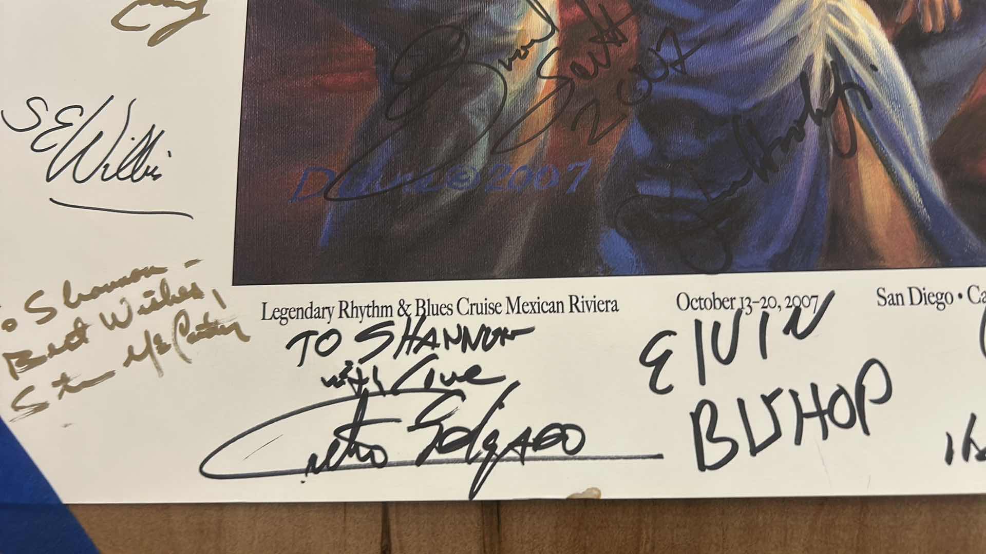 Photo 1 of AUTOGRAPHED LEGENDARY BLUES CRUISE POSTER - COMMEMORATIVE PAINTING BY DIANE RUSSELL 30” x H24 1/2”