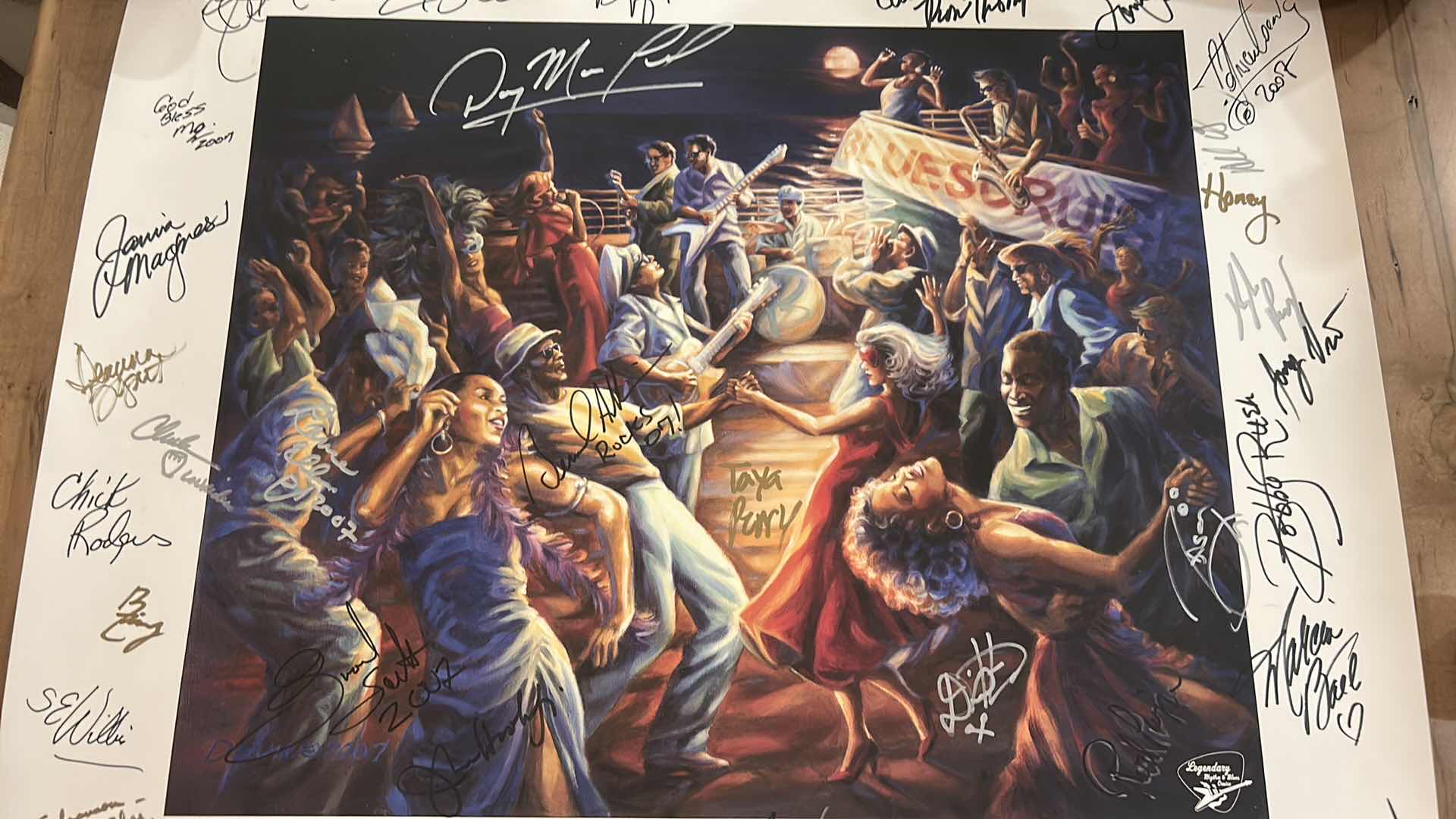 Photo 1 of AUTOGRAPHED LEGENDARY BLUES CRUISE POSTER - COMMEMORATIVE PAINTING BY DIANE RUSSELL 30” x H24 1/2”