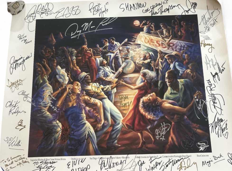 Photo 1 of AUTOGRAPHED LEGENDARY BLUES CRUISE POSTER - COMMEMORATIVE PAINTING BY DIANE RUSSELL 30” x H24 1/2”