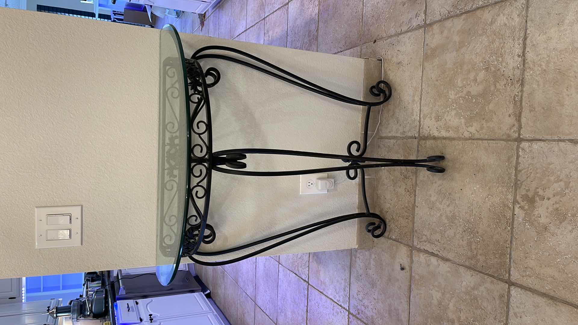 Photo 2 of HALF MOON GLASS TOP WROUGHT IRON SIDE TABLE 32”x18”x35”