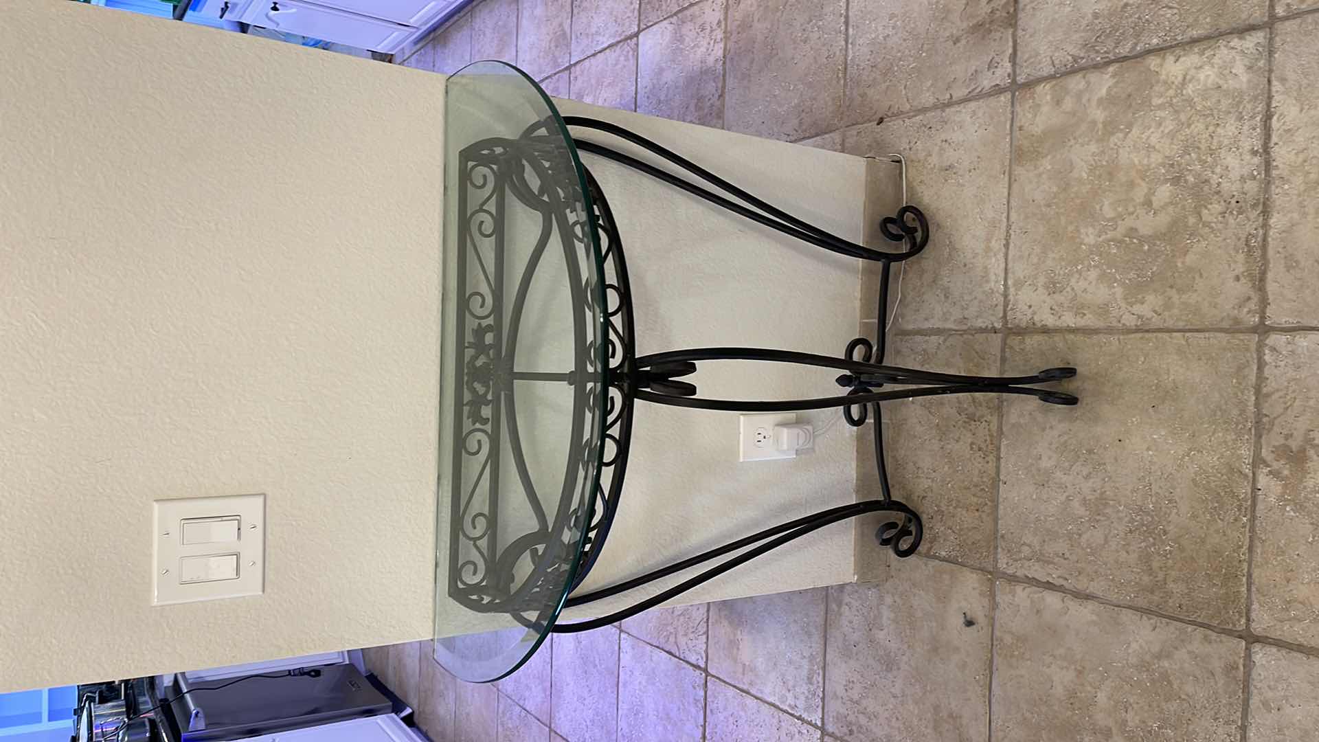 Photo 3 of HALF MOON GLASS TOP WROUGHT IRON SIDE TABLE 32”x18”x35”