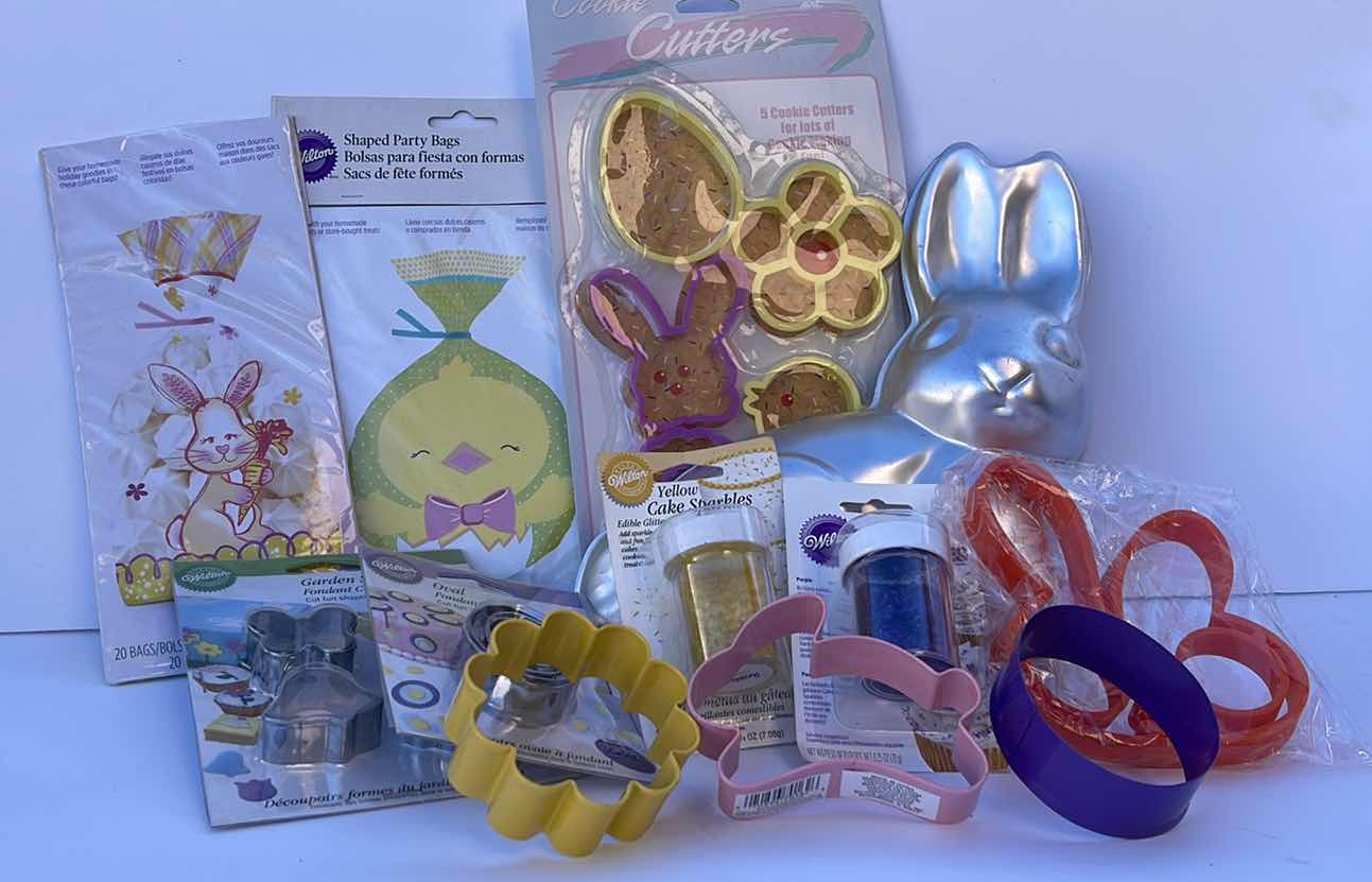 Photo 1 of NEW WILTON EASTER BAKING BUNNY TRAY , COOKIE CUTTERS , PARTY BAGS AND MUCH MORE - RETAIL VALUE $50.00