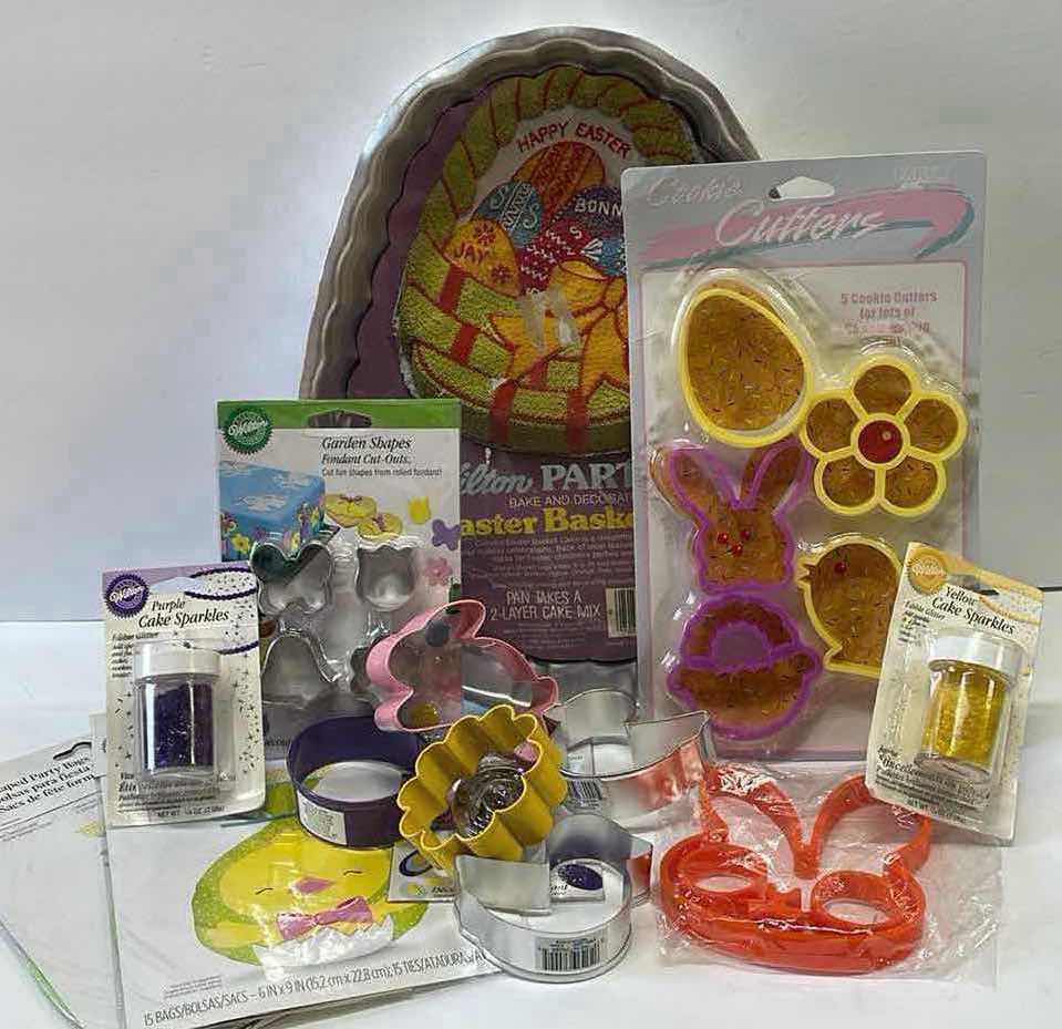 Photo 1 of NOS WILTON VINTAGE EASTER CAKE PAN & COOKIE CUTTERS, TREAT BAGS , SPRINKLES AND MORE - TOTAL RETAIL PRICE $