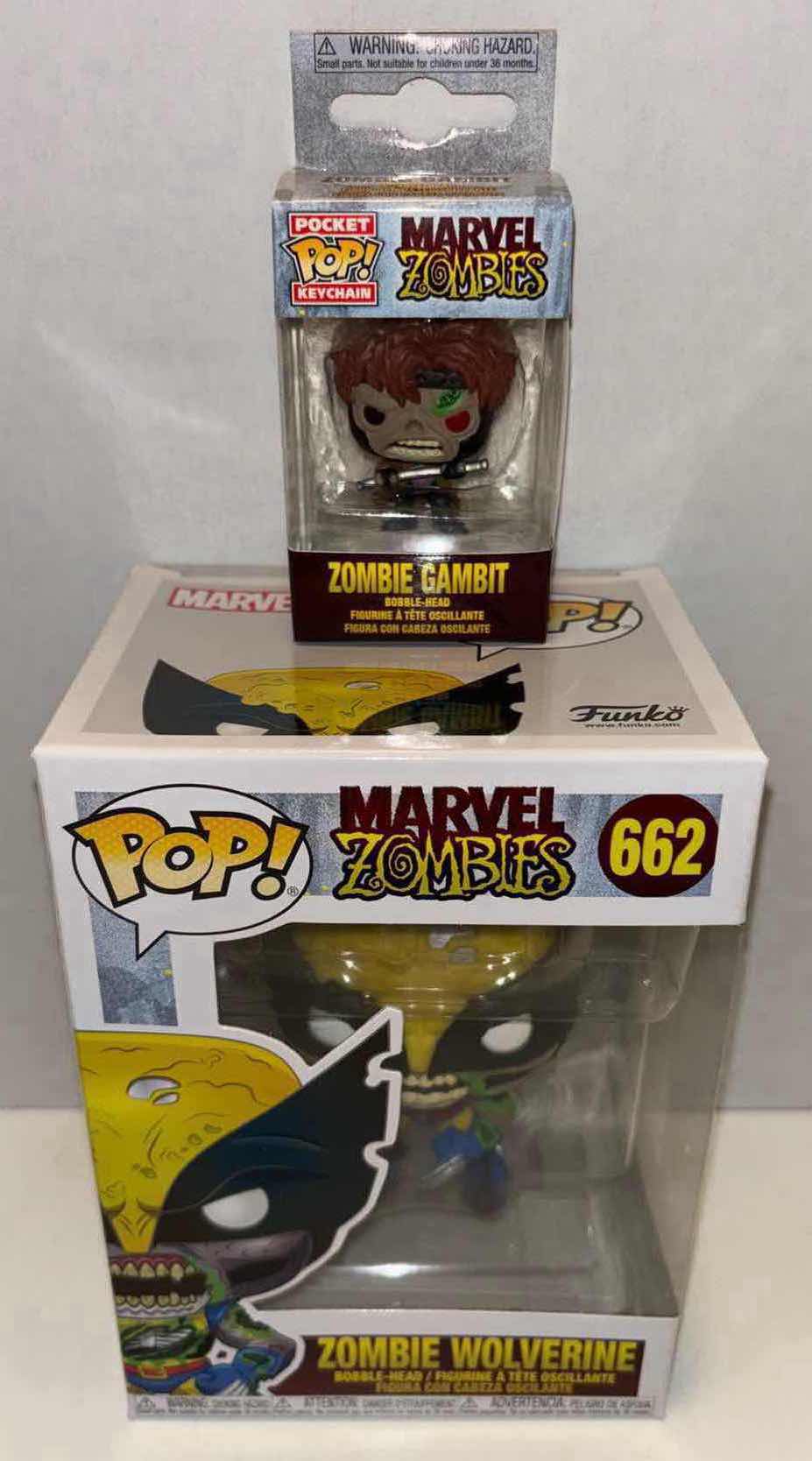 Photo 1 of NEW FUNKO POP! BOBBLE-HEAD VINYL FIGURE, 2-PACK MARVEL ZOMBIES #662 ZOMBIE WOLVERINE & POCKET POP! KEYCHAIN “ZOMBIE GAMBIT”