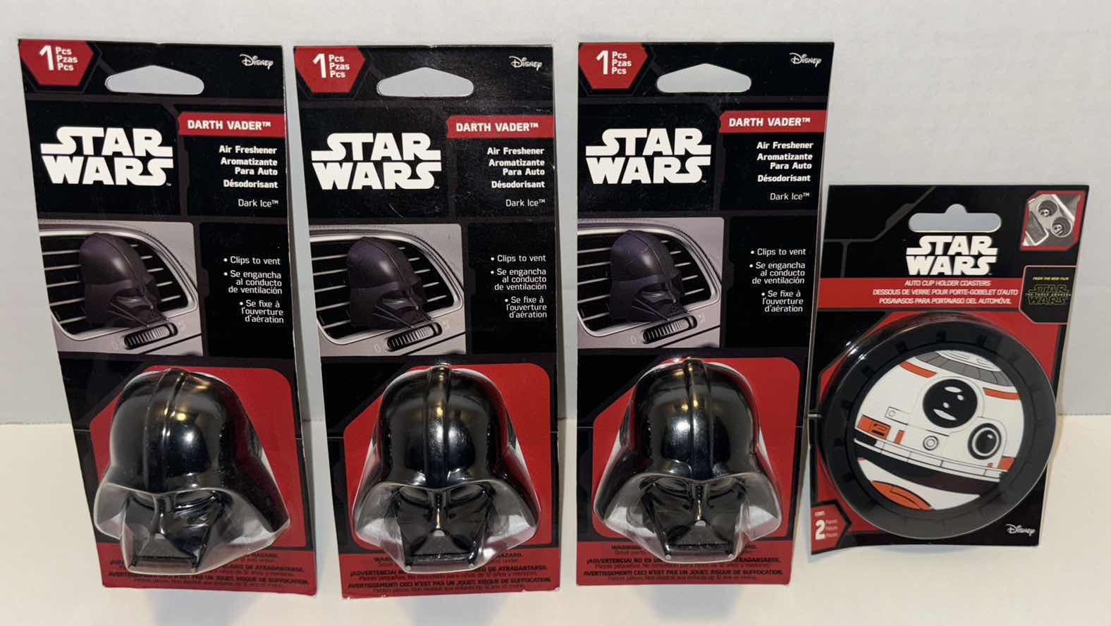 Photo 1 of NEW STAR WARS DARTH VADER AIR FRESHENERS & BB-8 AUTO CUP HOLDER COASTERS (4PCS)