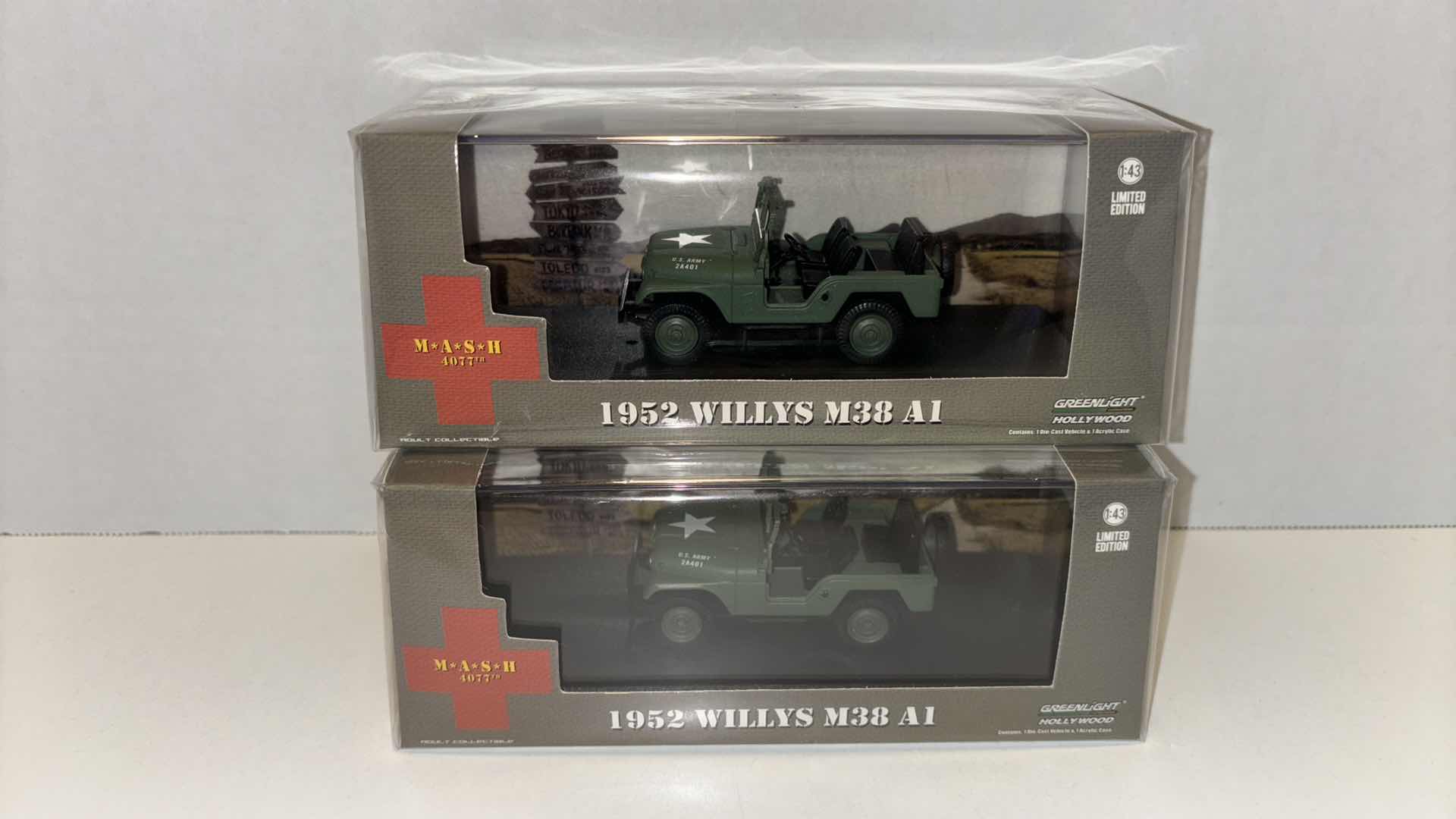 Photo 1 of NEW GREENLIGHT COLLECTIBLES HOLLYWOOD 1:43 DIE-CAST VEHICLE, “MASH 4077TH 1952 WILLYS M38 A1 JEEP” 2-PACK