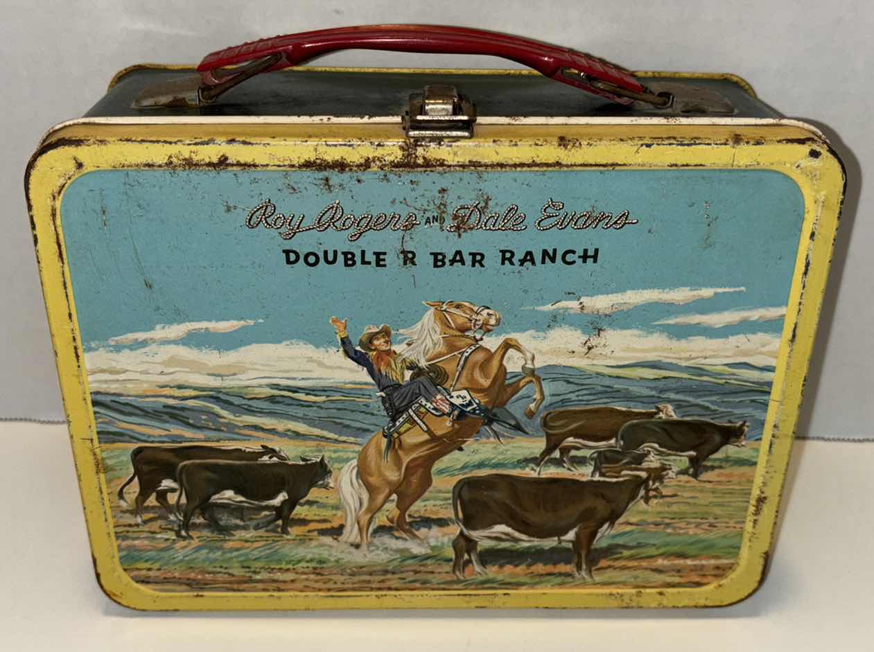 Photo 1 of ANTIQUE THE AMERICAN THERMOS BOTTLE CO 1955 “ROY ROGERS & DALE EVANS DOUBLE BAR RANCH” TIN LUNCH BOX