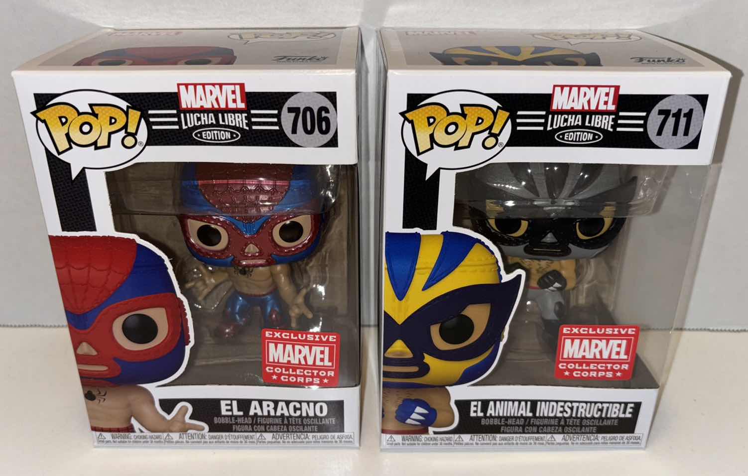 Photo 4 of NEW FUNKO POP! MARVEL LUCHA LIBRE EDITION EXCLUSIVE MARVEL COLLECTOR CORPS BOBBLE-HEAD, #706 EL ARACNO (SPIDER-MAN) & #711 EL ANIMAL INDESTRUCTIBLE (WOLVERINE)