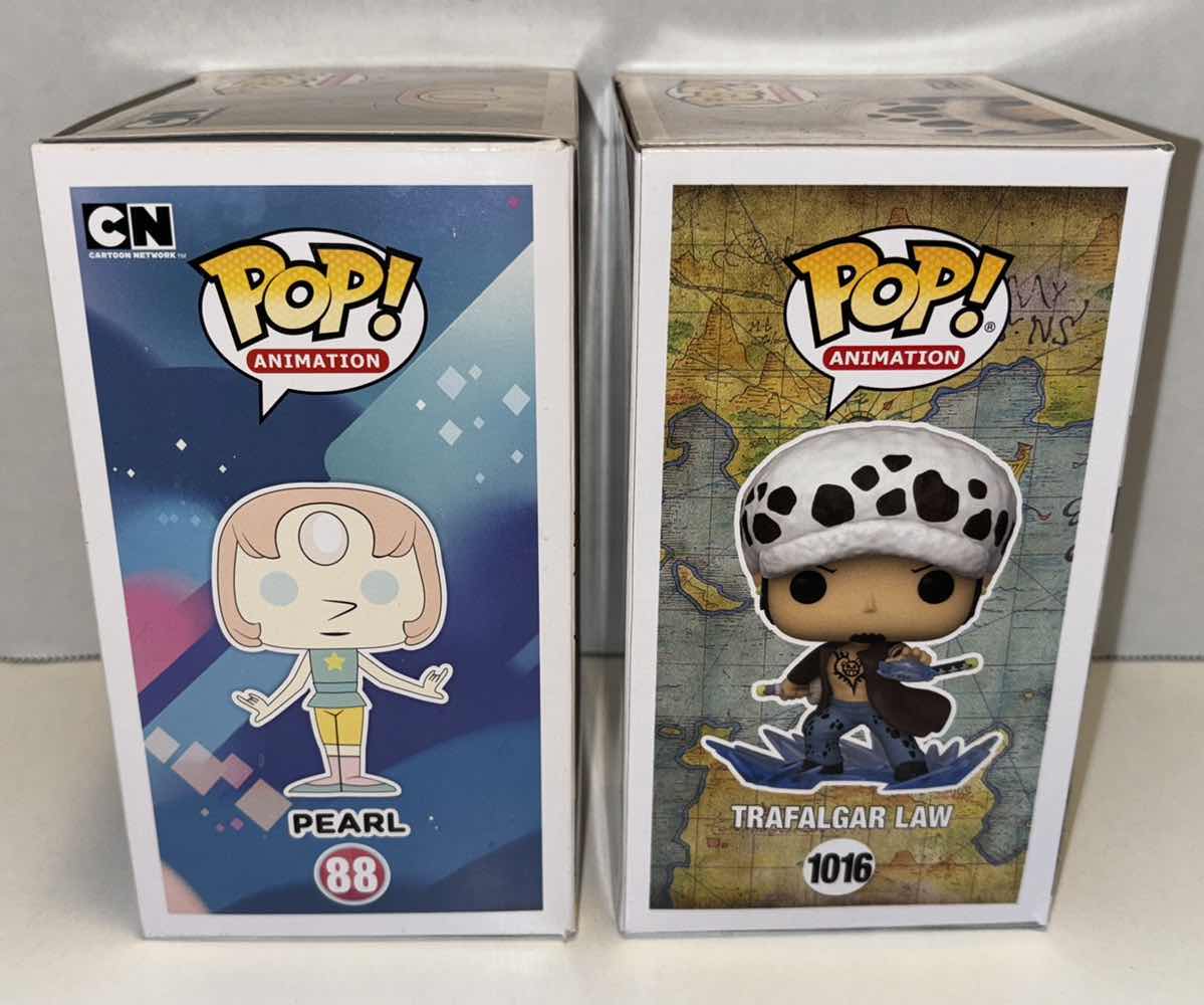 Photo 1 of NEW FUNKO POP! ANIMATION VINYL FIGURE 2-PACK, HOT TOPIC EXCLUSIVE STEVEN UNIVERSE #88 PEARL & AAA ANIME EXCLUSIVE ONE PIECE #1016 TRAFALGAR LAW