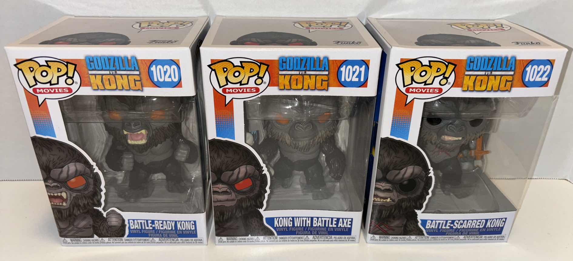 Photo 3 of NEW FUNKO POP! MOVIES GODZILLA VS KONG VINYL FIGURE MIXED 6-PACK, #1020 BATTLE-READY KONG (2) & #1021 KONG WITH BATTLE AXE (2) & #1022 BATTLE-SCARRED KONG (2)