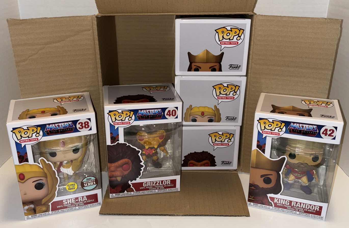Photo 1 of NEW FUNKO POP! RETRO TOYS VINYL FIGURE MIXED 6-PACK, MASTERS OF THE UNIVERSE #38 SHE-RA GLOW IN THE DARK LIMITED EDITION EXCLUSIVE SPECIALTY SERIES (2), #40 GRIZZLOR (2) & #42 KING RANDOR (2)