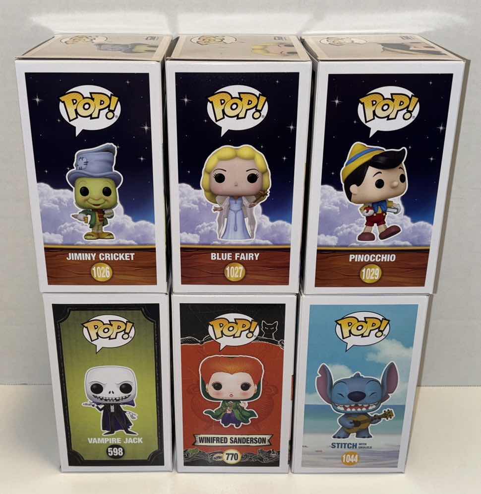 Photo 3 of NEW FUNKO POP! DISNEY BUNDLE VINYL FIGURE 6-PACK, #1026 JIMINY CRICKET, #1027 BLUE FAIRY, #1029 PINOCCHIO, #598 VAMPIRE JACK, #770 WINIFRED SANDERSON & #1044 STITCH W UKULELE