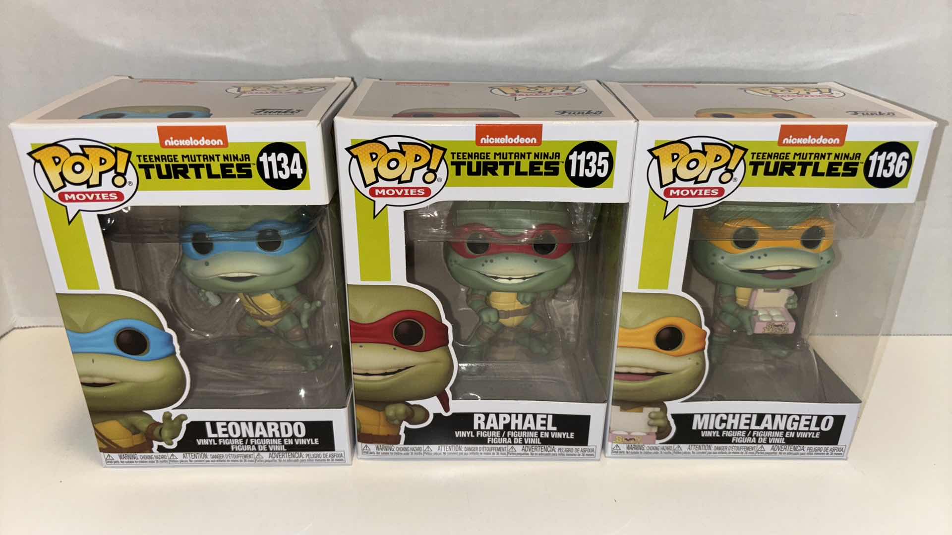 Photo 3 of NEW FUNKO POP! MOVIES TMNT BUNDLE VINYL FIGURE MIXED 6-PACK, #1134 LEONARDO (1), #1135 RAPHAEL (2) & #1136 MICHELANGELO(3)