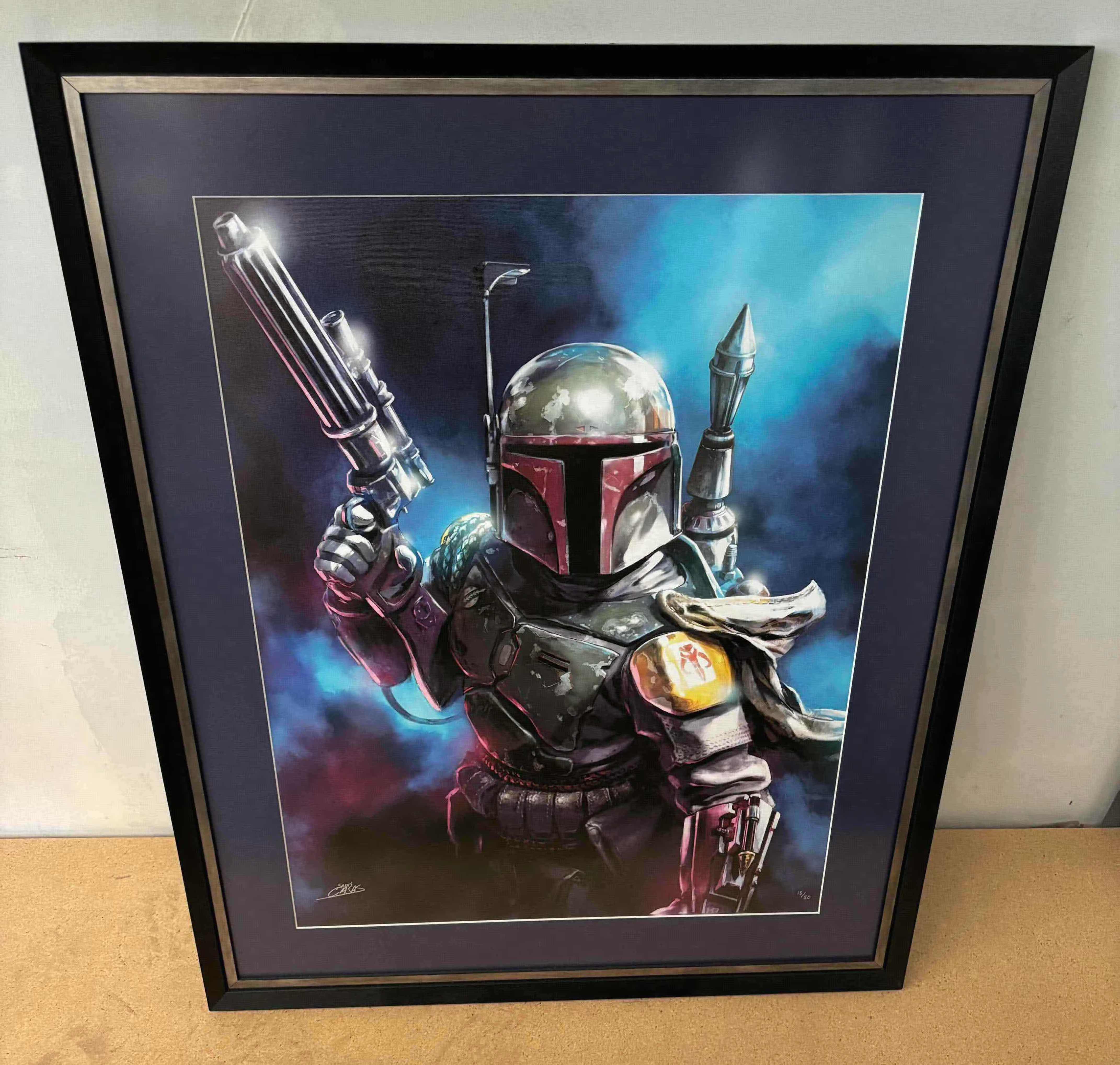 Photo 1 of NEW 31” X 37” FRAMED ACME ARCHIVES DIRECT STAR WARS OFFICIALLY LICENSED 23” X 30” LARGE FINE ART GICLEE ON ROLLED CANVAS W/COA, “FROM THE SHADOWS” BY SANTI CASAS, #15 OF 50 PC HAND-NUMBERED SIGNED EDITION (SKU: SWRJI790)