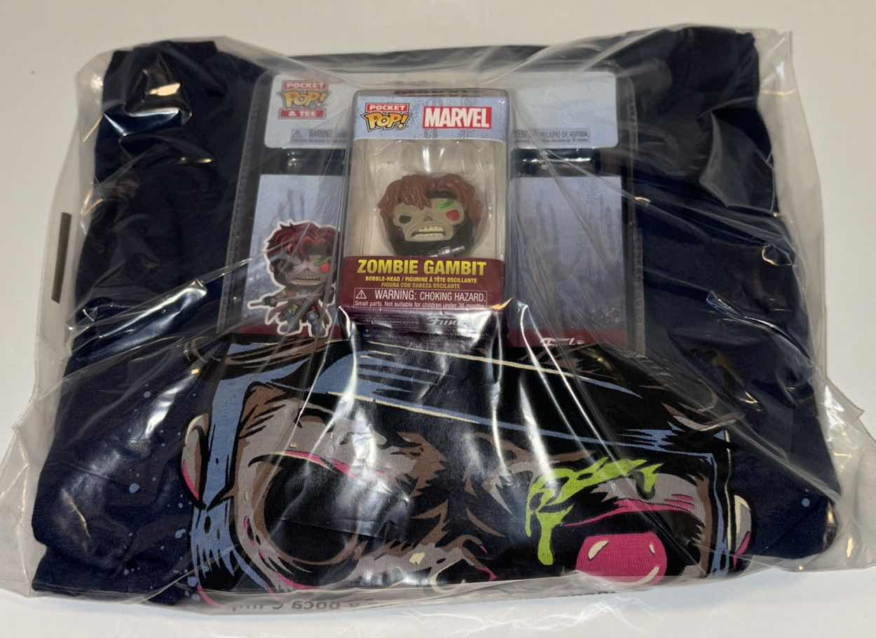 Photo 2 of NEW FUNKO POCKET POP! & TEE, “ZOMBIE GAMBIT” T-SHIRT & POP! MINI FIGURE (NAVY BLUE, SIZE LARGE)