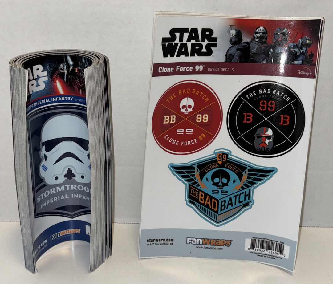 Photo 1 of NEW FANWRAPS 34 PC BUNDLE PACK STAR WARS BAD BATCH CLONE FORCE 99 DEVICE DECALS (11) & STORMTROOPER IMPERIAL INFANTRY BADGE WINDOW DECALS (23)