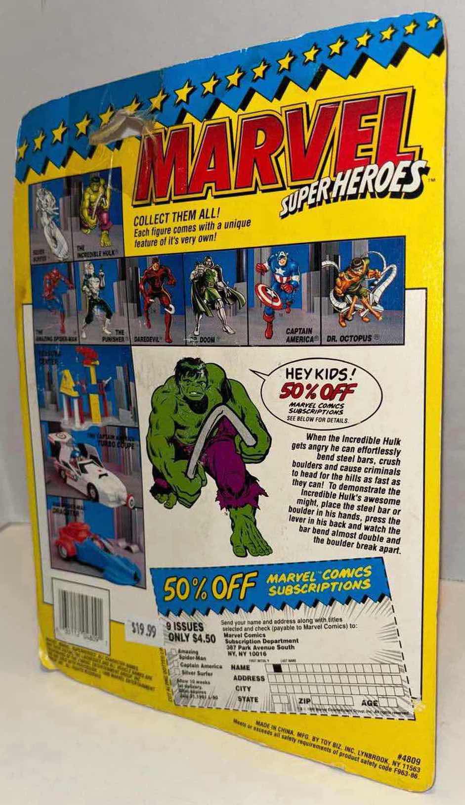 Photo 2 of NEW VINTAGE 1990 TOY BIZ MARVEL SUPERHEROES RETRO ACTION FIGURES & ACCESSORIES “THE INCREDIBLE HULK W CRUSHING ARM ACTION”