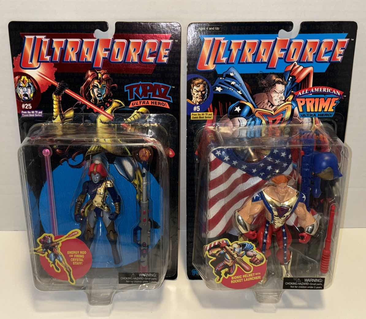 Photo 1 of NEW VINTAGE 1995 GALOOB ULTRAFORCE ULTRA HERO 2-PACK BUNDLE ACTION FIGURE & ACCESSORIES “#25 TOPAZ” & “#5 ALL AMERICAN PRIME”