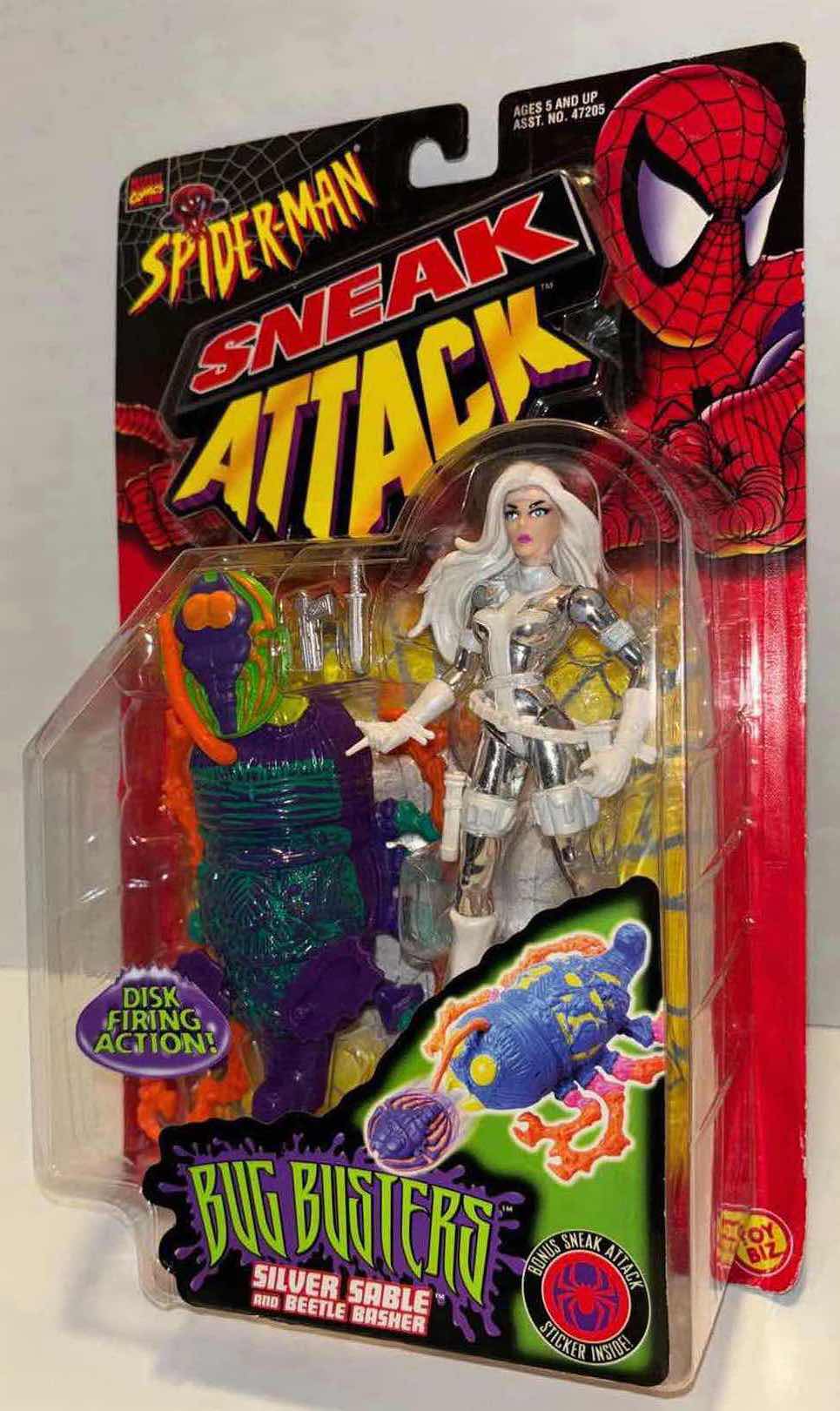 Photo 1 of NEW 1998 TOY BIZ MARVEL COMICS SPIDER-MAN SNEAK ATTACK BUG BUSTERS ACTION FIGURE & ACCESSORIES “SILVER SABLE AND BEETLE BASHER”